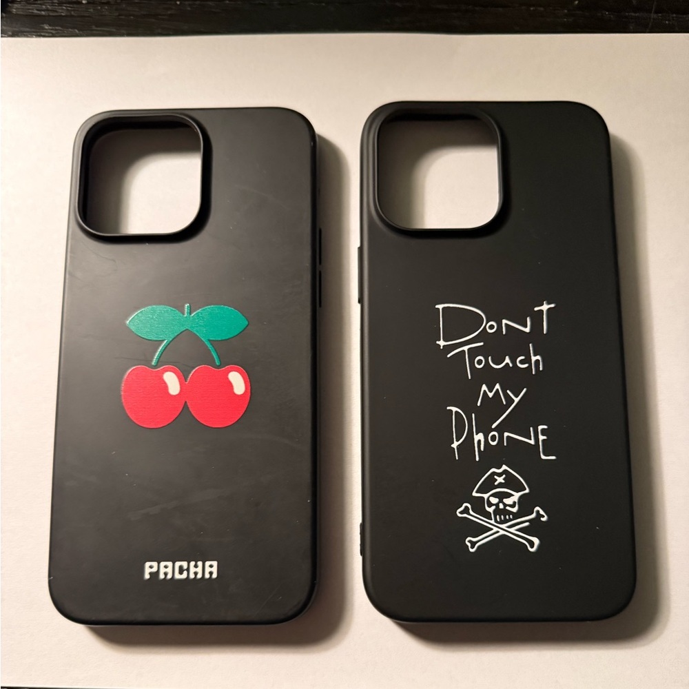 Pacha Black Phone Case with Cherry and Skull Design Case for iPhone 14 Pro Max.